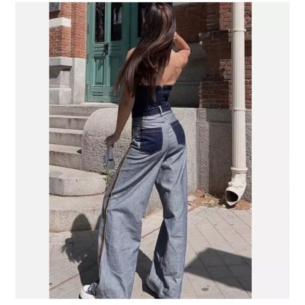 ZARA Inside Out Denim Jeans Womens 4 Blue Wide Leg High Rise Relaxed‎ Pants